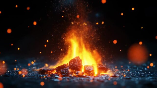 Glowing embers burn intensely against a dark background, sparks flying