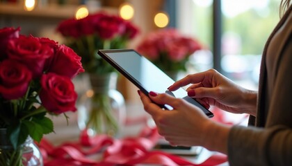 Woman using tablet computer next to red roses. Digital device for retail or flower business. Customer interaction.