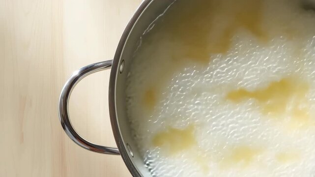 大鍋でリングイネを茹でる様子を捉えた調理場面