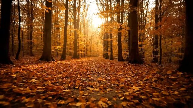 A serene autumnal forest scene with fallen leaves and trees bathed in warm sunlight