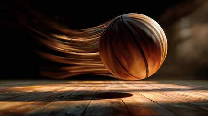 Fototapeta premium Basketball in motion with blurred background on wooden court 