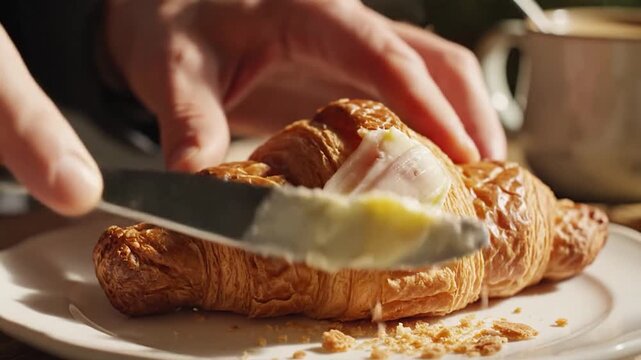 Delicious Croissant Being Buttered with a Knife for a Tasty Breakfast.