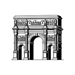Fototapeta premium Ancient Arch Monument with Ornate Car Page Illustrations Front View
