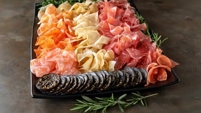 Meats and blood sausage on a platter with herbs and textured background