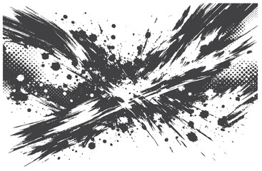 Black ink splash on white, creating a dynamic, grunge-inspired abstract art texture. Ideal as a dramatic background or poster element for modern design projects