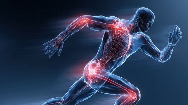 Anatomical illustration of a runner with highlighted joints and skeletal structure
