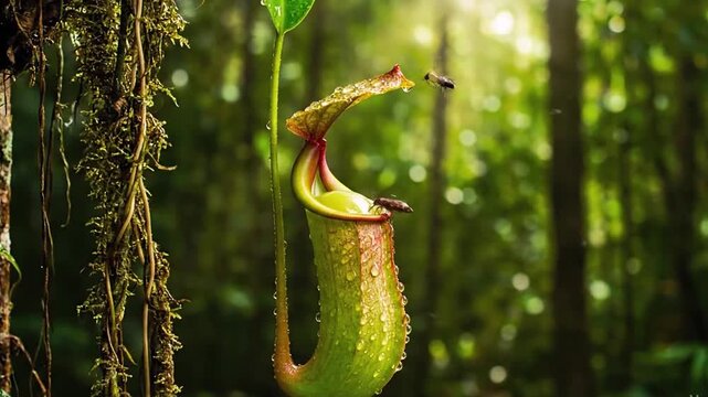 Timelapse of Carnivorous Pitcher Plant or Monkey cups growing in Rainforest Jungle. Carnivorous Plant Lures In and Eats Insects Hangs from Vines, Borneo, Malaysia.
