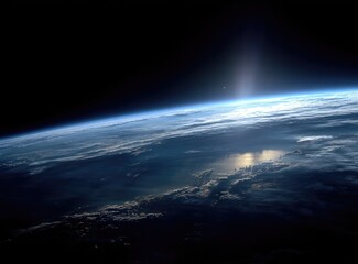 Earthrise Blue planet curvature and clouds viewed from space, sun shining