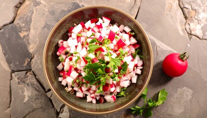 Fresh Radish Salad with Parsley in a Rustic Bowl.