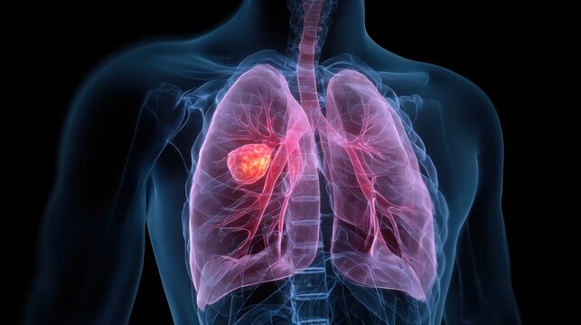 3D rendering of a lung tumor, highlighting a cancerous growth within the respiratory system