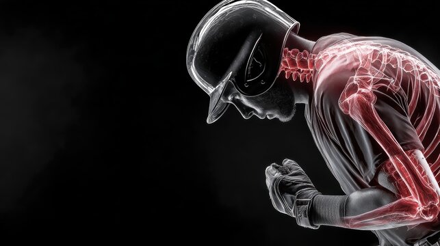 Baseball player's skeletal system highlighted with red, showing potential injury areas