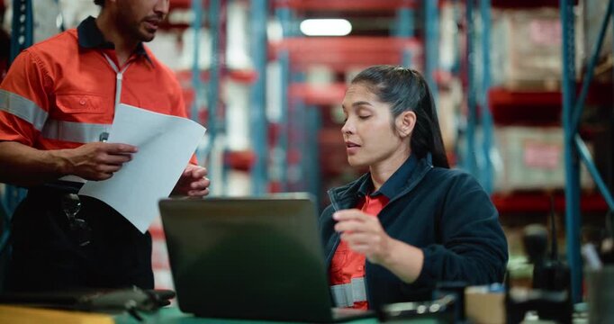 People, talk and document for logistics in warehouse for supply chain, inventory and delivery. Employees, laptop and paperwork for stock check, shipping schedule and teamwork at distribution industry