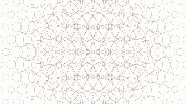 Seamless 4K loop of a hexagonal grid formed by pulsing circles. Geometric rings expand and contract to create dynamic moire interference patterns and overlapping textures on a light background.