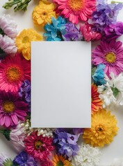 Flowers frame blank card, gerbera daisies, mums, & baby's breath on white