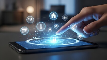 A hand interacting with a futuristic interface on a smartphone screen with glowing icons