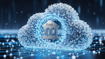 Fintech 3d data visualization of a bank building inside a cloud network with glowing blue connections and abstract particles on a dark background.