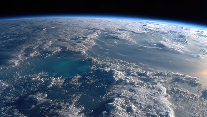 Earth's curve view from space. Clouds cover land and turquoise ocean, horizon visible