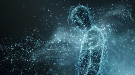 Human silhouette made of data particles transitioning into digital grid, future technology concept.