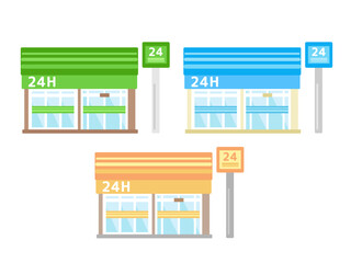 カラーバリエーションが選べるコンビニ建物イラスト3色セット