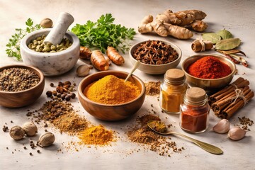 Varied spices displayed in an artistic arrangement with mortar and pestle highlighting culinary diversity and flavors in a tranquil kitchen setting