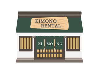 「Kimono Rental」の看板がある古風な着物レンタル店の建物イラスト