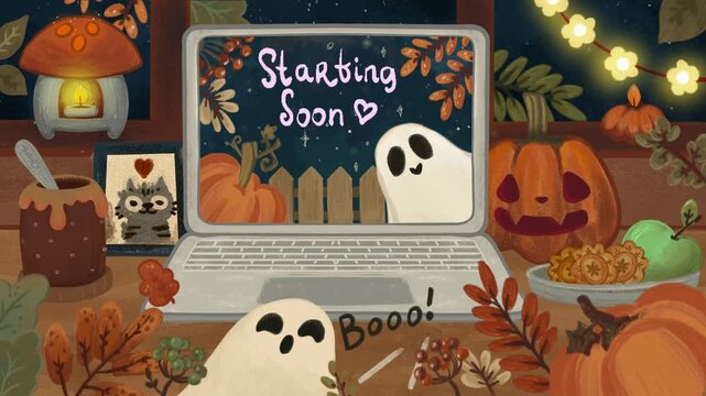 Animated Halloween Stream Background, Ghosts, Pumpkins, Cozy Autumn, Animated Screen Stream, Stream Overlay, Stream Scenes, Twitch Overlay,  BRB, Starting Soon, Ending Soon, Thanks for Watching,