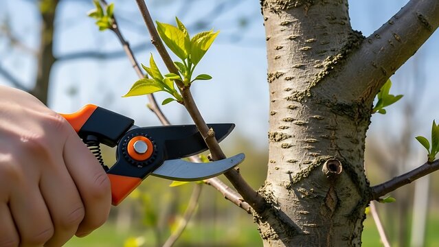 Garden pruning shears cutting young green branch
