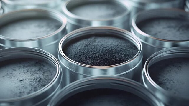 Close-up of metal containers with black powder substance