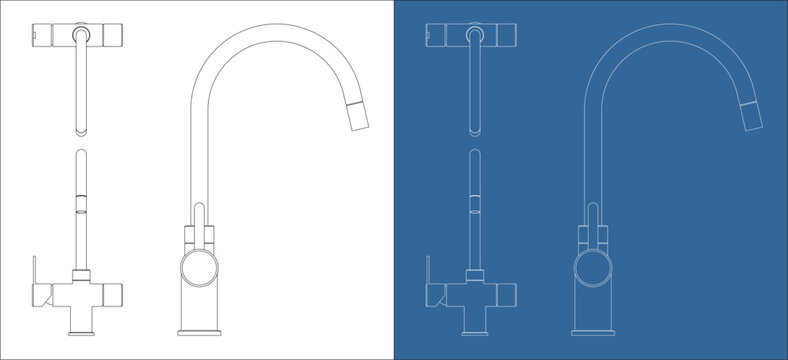 Kitchen High Arc Spout Faucet Technical Drawing Blueprint Orthographic Views