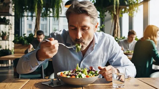 Man Enjoying a Healthy Salad at a Restaurant, Eating Lunch, Healthy Lifestyle.