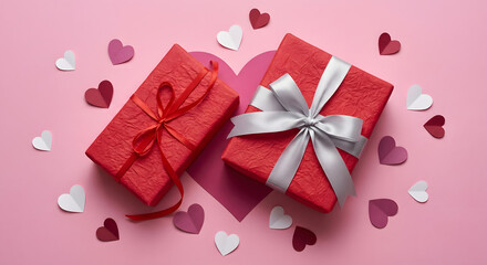 top view of two red textured gift boxes with silver and red ribbons on a pink background with scattered paper hearts for valentines day anniversary or birthday celebration