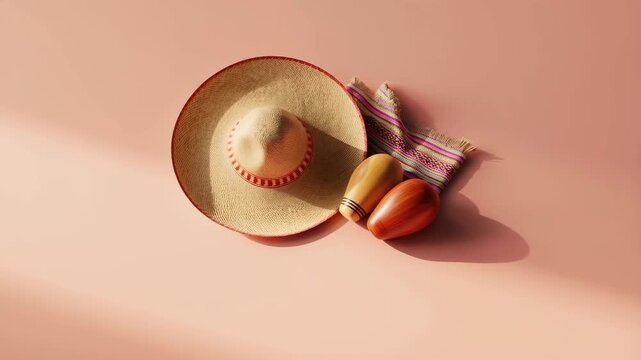 Overhead shot of a traditional Mexican sombrero, maracas, and a colorful serape on a soft pink surface. Ideal for cultural events.
