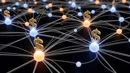 Fintech 3d data visualization of interconnected financial nodes with golden dollar signs and glowing spheres on a dark background