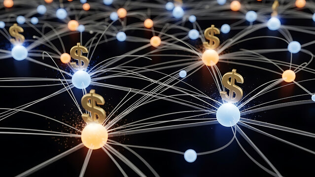 Fintech 3d data visualization of interconnected financial nodes with golden dollar signs and glowing spheres on a dark background - Powered by Adobe