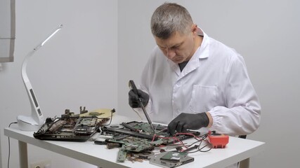 Technician soldering laptop motherboard components during electronic repair process, Man in lab coat repairing computer circuit board using soldering iron at workbench