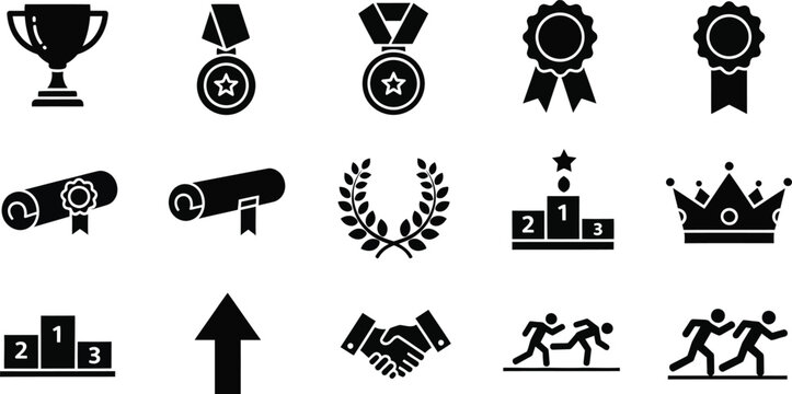Reward icon set. Containing award, prize, medal, gift, trophy, badge, points, achievement, certificate and more.