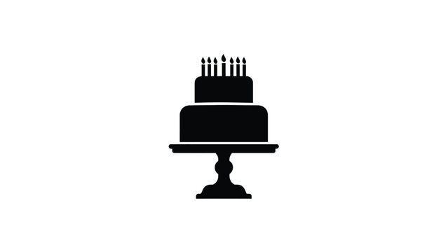 A black of a two tiered birthday cake with candles a pedestal cake stand white with celebration and party Silhouette vector on whit Background