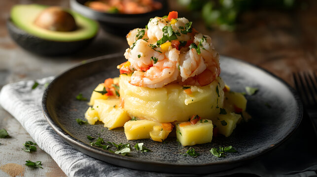 Traditional Peruvian Causa Rellena: Layered Yellow Potato Dish Topped with Fresh Seasoned Shrimp and Herbs
