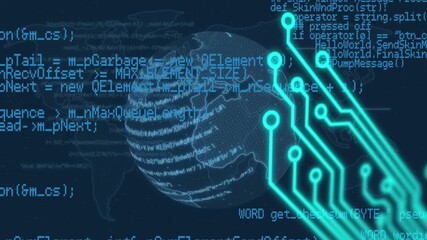 Animation of digital data processing over computer circuit board and globe - Powered by Adobe