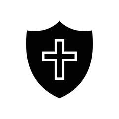 Obraz premium A black shield icon featuring a white cross at its center