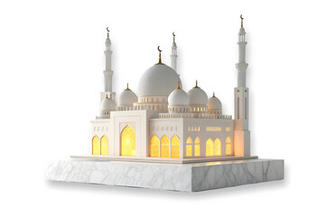 A detailed 3d rendering of a miniature white mosque model with illuminated windows isolated on transparent background