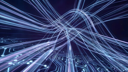 Abstract futuristic visualization of glowing data streams intersecting above a digital circuit board. Concept of artificial intelligence, data processing, high-speed networks.