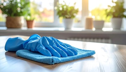 Cleaning Supplies on Table with Plants in Background.