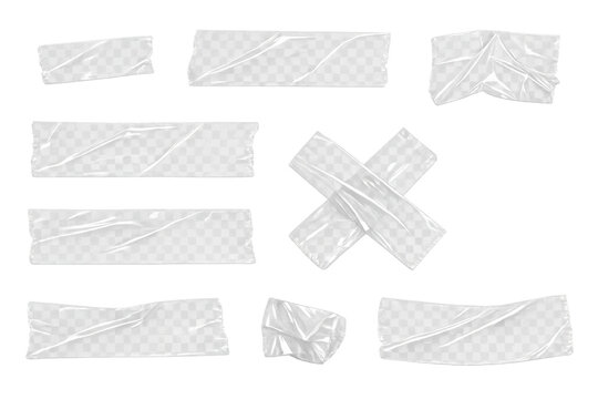 Clear sticky tape elements with torn edges, creating a wrinkled texture and strong adhesive appearance. The background is transparent