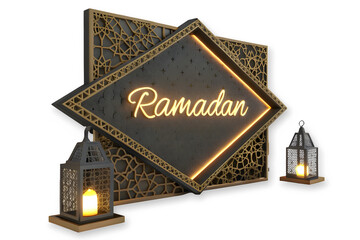 A striking 3d render of ramadan decorations with neon lights and traditional lanterns isolated on transparent background