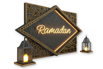 A striking 3d render of ramadan decorations with neon lights and traditional lanterns isolated on transparent background