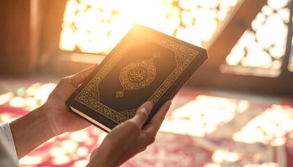 Hands holding the Quran in a mosque with sunlight.