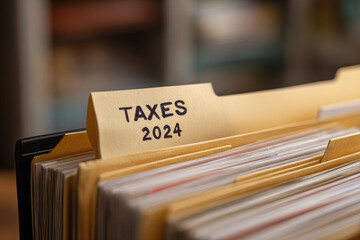 Tax documents organizer folder for 2024 with paper file in office storage showing organized paperwork and financial preparation