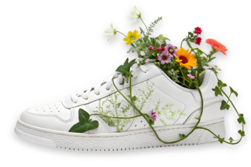 A clean white sneaker overflowing with colorful flowers and green plants against a isolated on transparent background