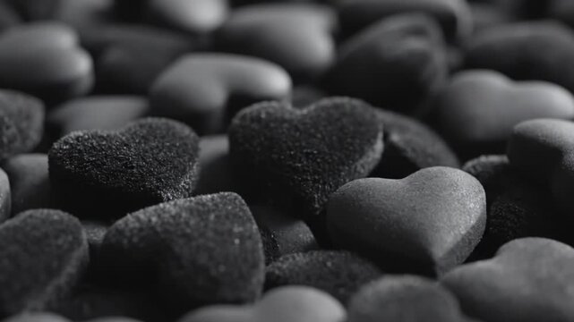 Black heartshaped candies scattered on surface
